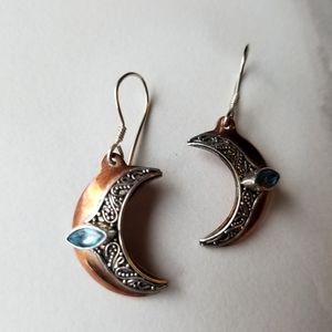 Silver copper topaz moon earrings